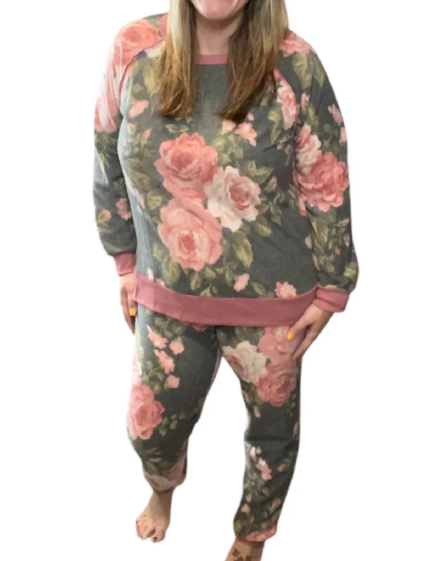 Floral Lounge Set In Mauve/charcoal