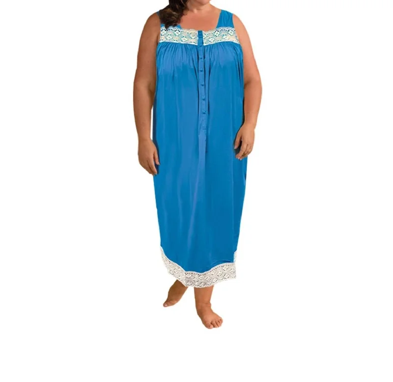 Ultra Soft Lace Trim Sleeveless Nightgown - Plus In Blue