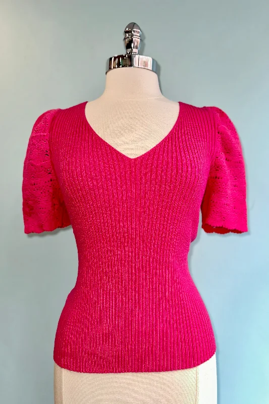 Bright Pink V-Neck Ribbed Sweater