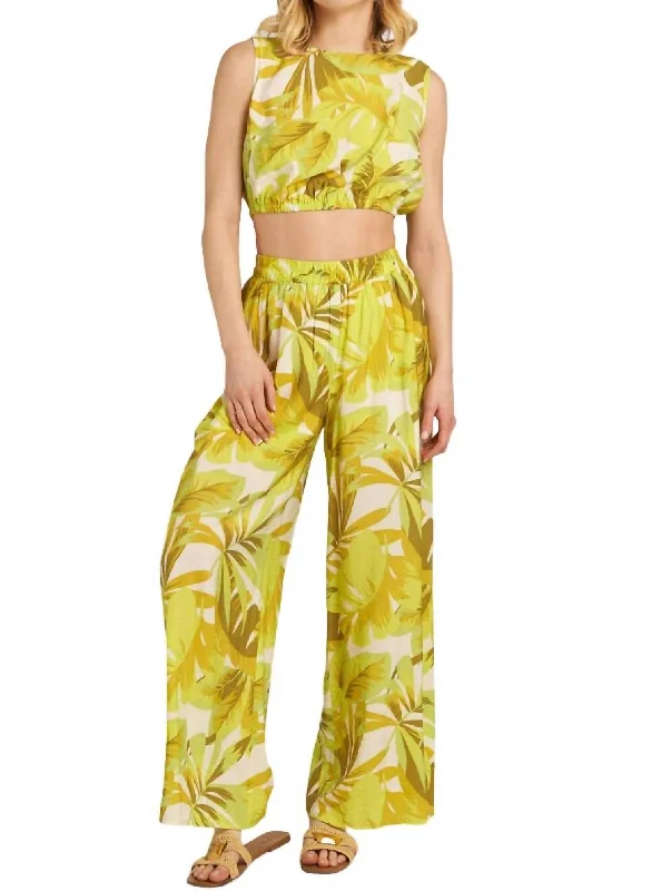 Printed Cropped Top And Wide Leg Pants Set In Multi Lime