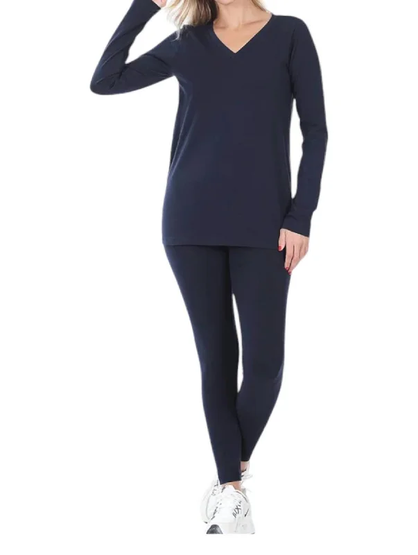 Vneck Top And Leggings Lounge Pajama Set In Navy