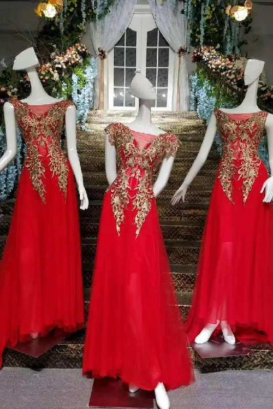 Sister Red Princess Dresses A-Line Lace Up Scoop Neck Gold Appliques