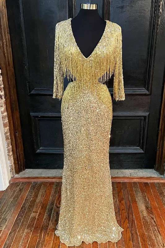 Gold Sequin V-Neck Half Sleeve Fringes Long Prom Dress