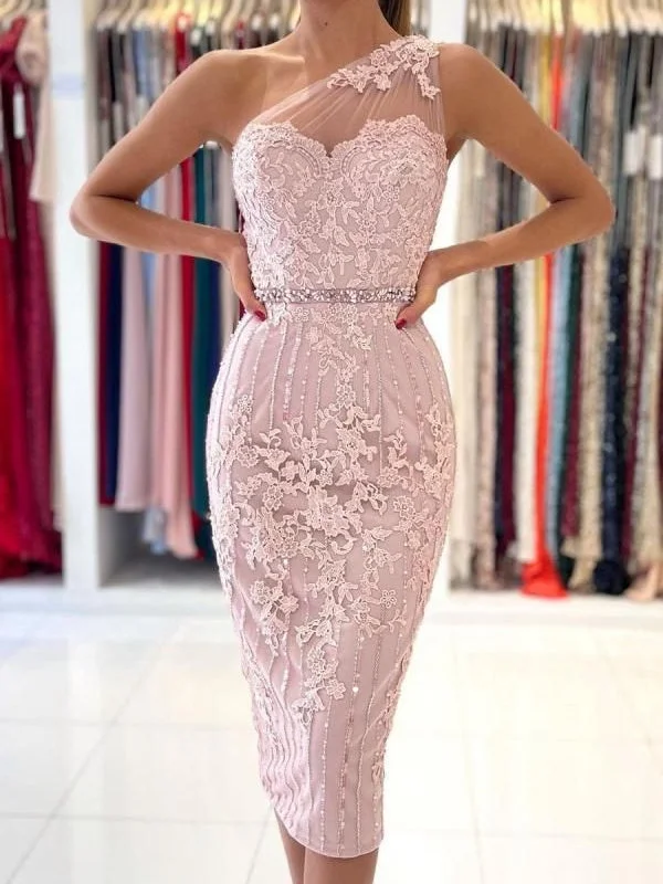 One Shoulder Blush Pink Lace Tulle Prom Dresses, Beaded Prom Dresses, 2023 Prom Dresses, Short Prom Dresses, Mermaid Prom Dresses