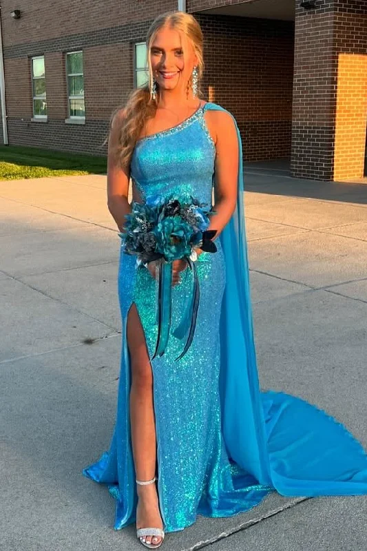 One Shoulder Mermaid Sequined Sleeveless with Slit Long Prom Dress