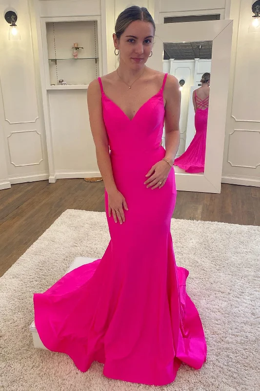 Neon Pink V-Neck Backless Trumpet Long Formal Dress