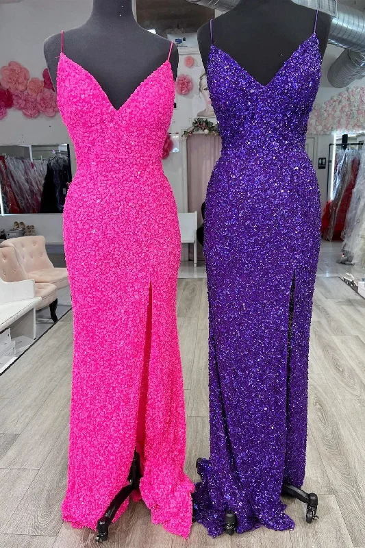 Straps Hot Pink Sequins Mermaid Long Prom Dress