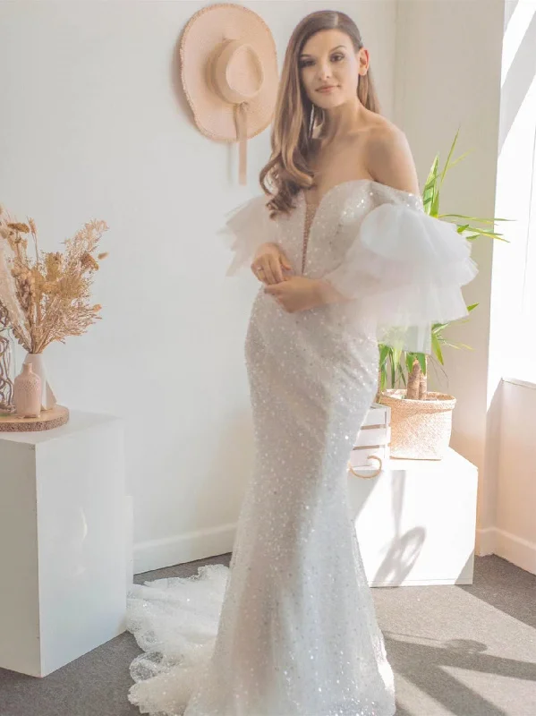 Off Shoulder Long Mermaid Sequin Tulle Wedding Dresses, Bridal Gown, Long Wedding Dresses, Shiny Bridal Gown