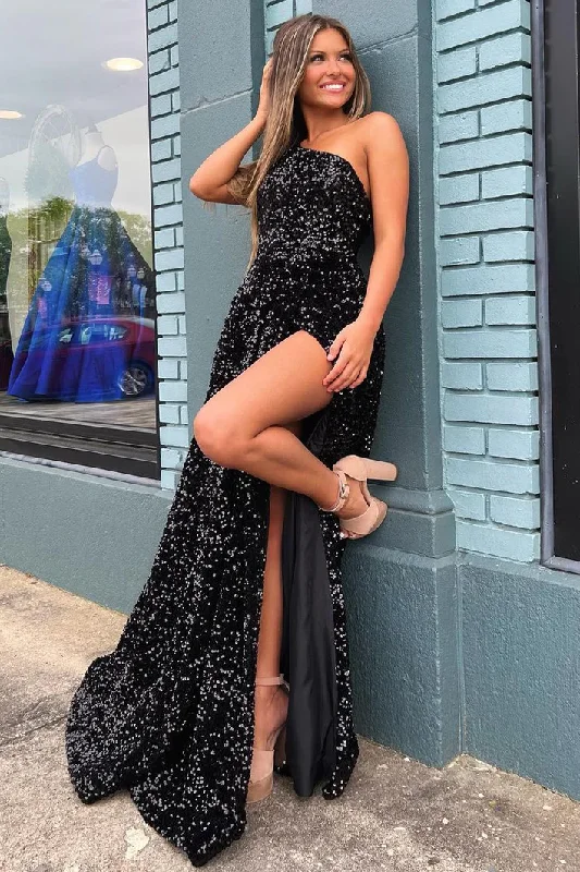 One Shoulder Black Sequined High Slit Sleeveless Long Prom Dress