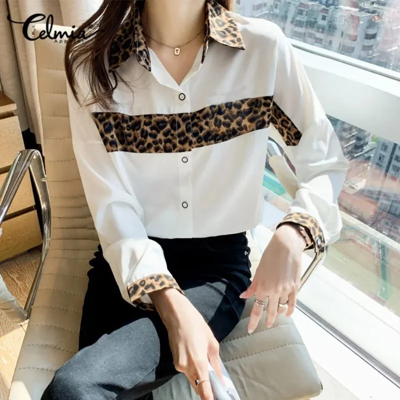 Women's Long Sleeve Leopard Print Patchwork Shirts Formal Party Button Down Top S4521632