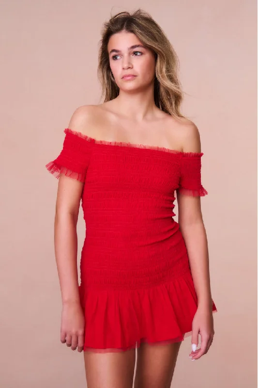 Girls Mosa Off-The-Shoulder Mini Dress - CRIMSON RED