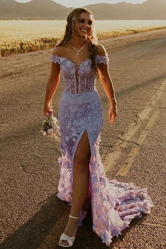 Stunning Off-Shoulder Lace Appliques Mermaid Long Prom Dress with Slit