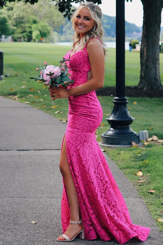 Pink Lace Mermaid Long Prom Dress with Slit