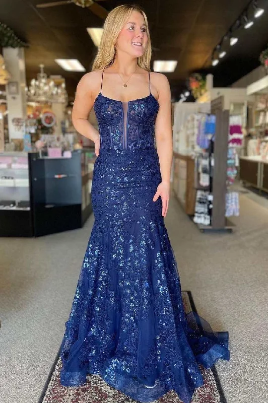 Navy Blue Spaghetti Straps V-Neck Appliques Mermaid  Long Prom Dress