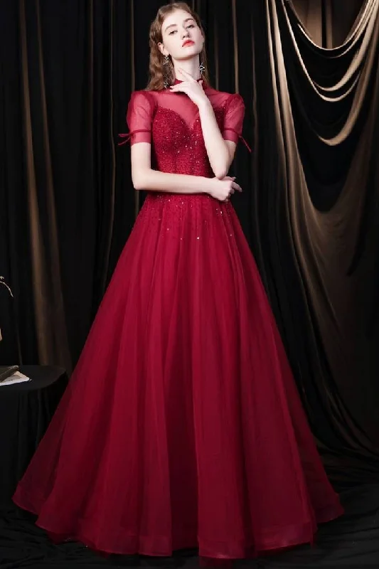 Burgundy A-line Tulle High Collar Long Prom Dress with Sequins