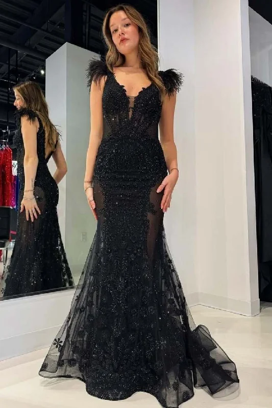 Black Mermaid V-Neck Beads Sleeveless Long Prom Dress with Feathers