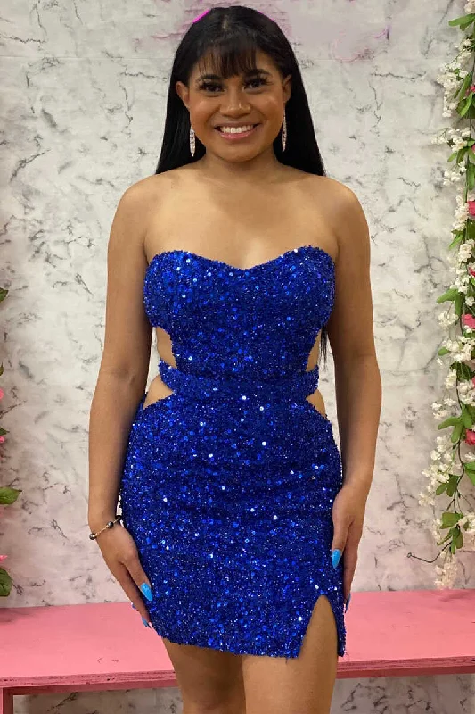 Blue Sequin Sweetheart Cutout Short Homecoming Dress