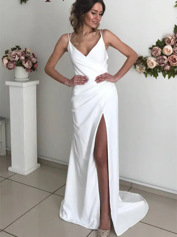 Newest Simple Wedding Dresses, High Slit Cheap Wedding Dresses, V-neck Long Prom Dresses