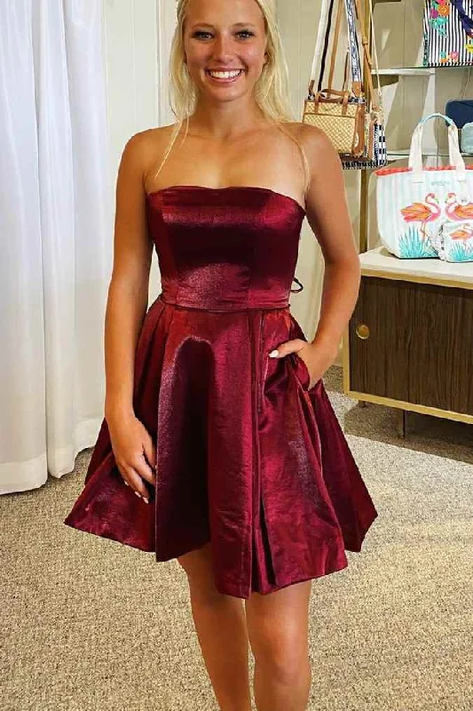 A-line Burgundy Strapless Short Homecoming Dress