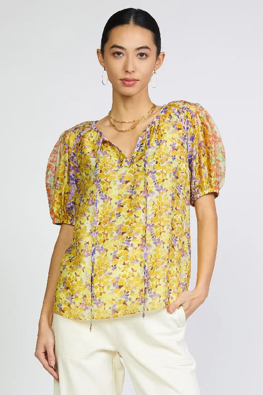 Floral Colorblock Split Neck Blouse